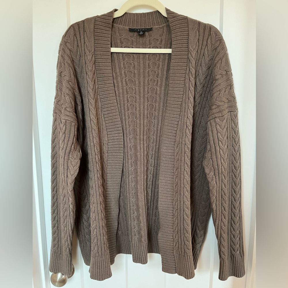 Cyrus Open-Front Cable Knit Cardigan in Taupe